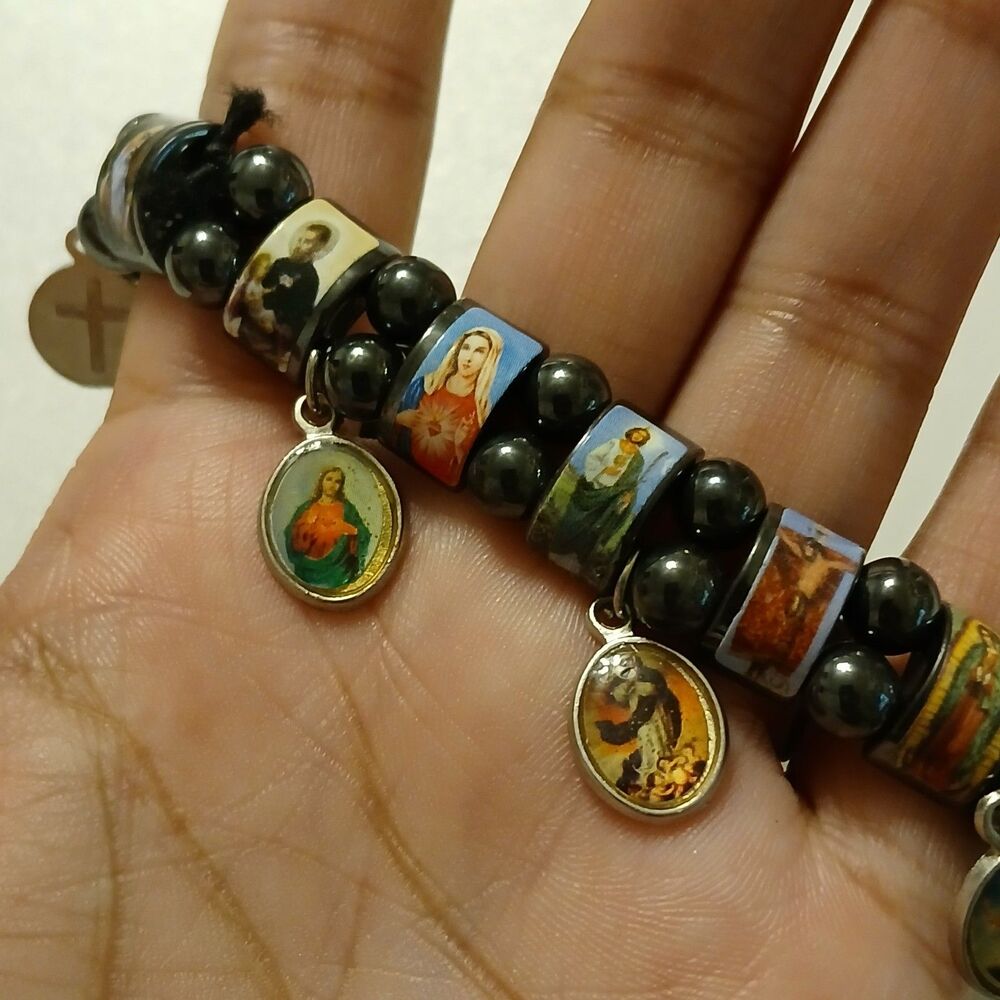 VTG Hematite Religious Icon Tile Bracelet Catholic Saints Charms Cross Stretchy - Picture 4 of 8